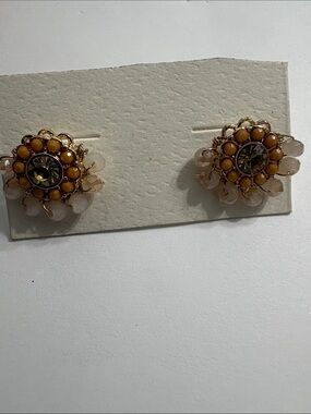 Gold-Tone Beaded Floral Earrings - Beige/Gold